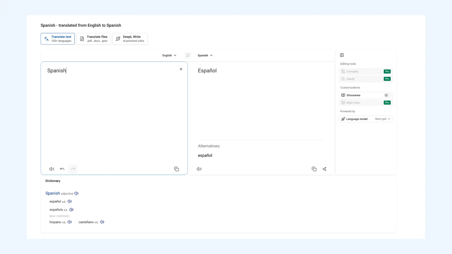 DeepLインターフェース。英語からスペイン語への翻訳を表示。